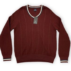 Ben Sherman WINE cable knit V-neck sweater Large.  *FITS LIKE AN XL* Skin MOD
